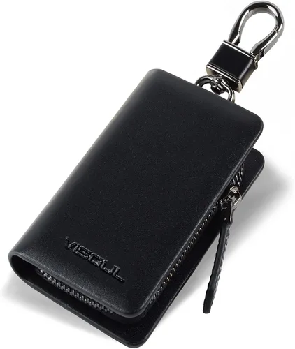 VISOUL Leather Car Key Fob Case Holder for Men and Women, Zipper Keychain Protector Cover with Metal Hook for House Keys