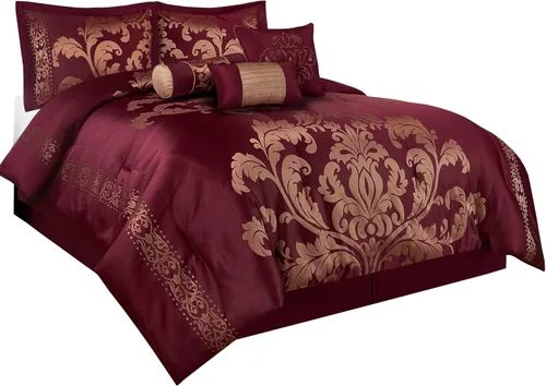 Vista 8 de Chezmoi Collection Juego de edredón floral de jacquard Royale de 7 piezas, matrimonial/doble, negro/dorado