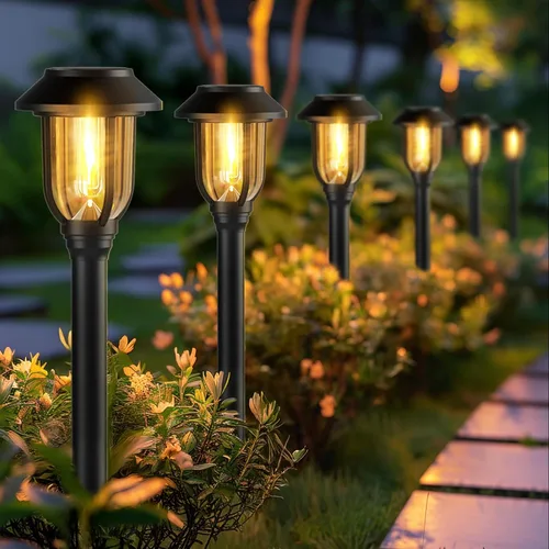 ILANCK Luces solares para caminos al aire libre, paquete de 12 luces solares para exteriores, impermeables, blanco cálido, encendido y apagado