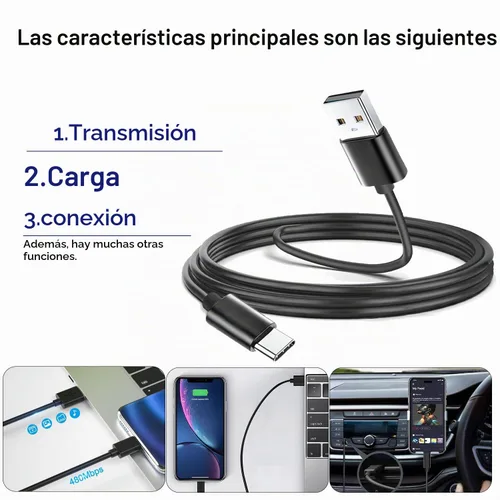 Vista 3 de Cable de carga USB A a USB C de 3 pies para iPhone serie 17/16/15/14, cable Apple Carplay para iPad Pro/Air 10ª/5ª generación/Max Plus Negro