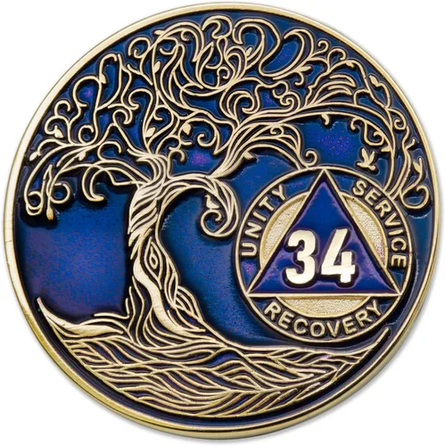 Vista 50 de 1 año Sobriety Mint Twisted Tree of Life Medallón de recuperación AA chapado en oro, chip/ficha - negro