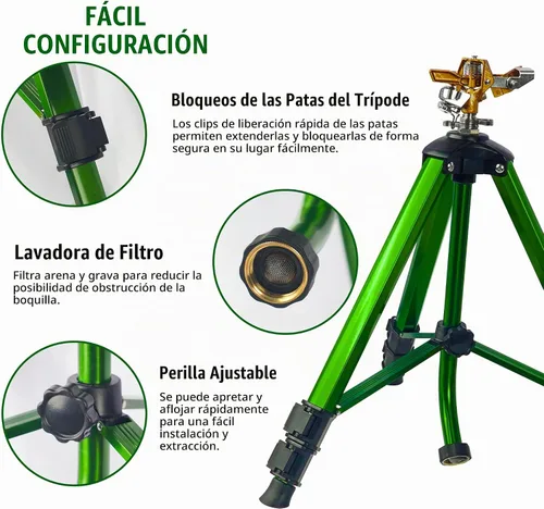 Vista 4 de LIULO TOOL Aspersor de impacto en base de trípode, aspersores de trípode con cabeza, riego de área grande de 360 grados con patas de extensión