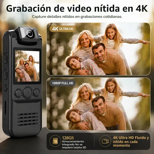 Vista 7 de 4K Body Camera with Audio and Video Recording, 128GB Wearable Mini Body Cam with Magnetic Clip, Hands-Free POV Camera for Work, Cycling, Travel