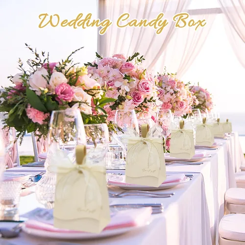 Vista 2 de GLGHMH 50 cajas de recuerdo de boda, cajas de dulces de boda grandes beige con cinta, cajas de regalo de fiesta de cumpleaños para decoración