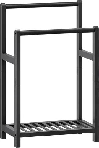 Vista 10 de HOOBRO Toallero independiente para baño, estante para mantas de bambú decorativo de 2 niveles, soporte de exhibición de edredón con estante