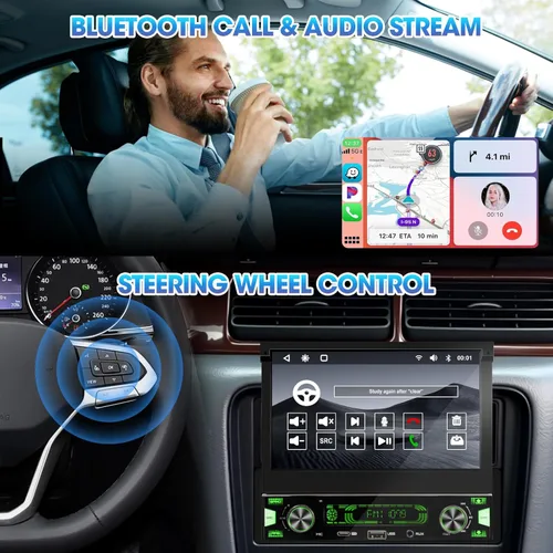 Vista 6 de Radio de pantalla táctil abatible de un solo DIN: 7 pulgadas CarPlay Android Auto estéreo para automóvil con cámara de respaldo Bluetooth 300 W 4.2