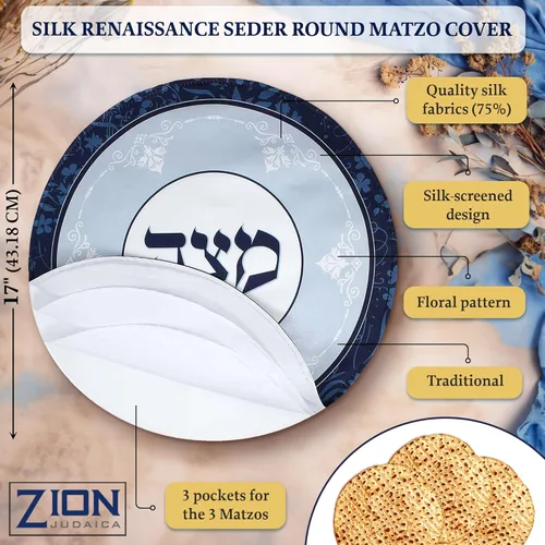 Vista 2 de Zion Judaica - Juego de fundas redondas de matzá de seda de 17 pulgadas, se adapta a matzos redondos o cuadrados, 3 bolsillos, soporte rectangular