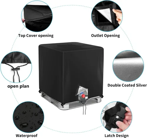 Vista 6 de IBC - Cubierta de 275 galones, cubierta de tanque de agua 420D, parasol negro, cubierta protectora impermeable para tanque de agua de jardín de 1000