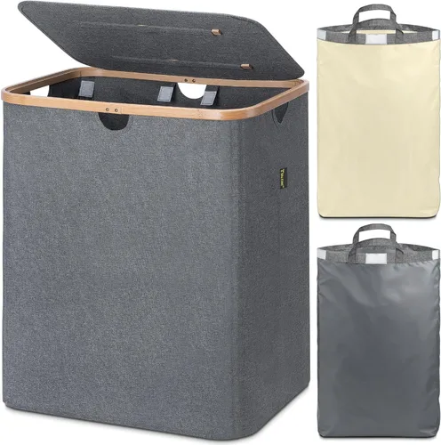 Vista 39 de BALEINE Cesta de lavandería con tapa, cestas altas para la ropa sucia con asas de bambú, contenedor grande para la ropa sucia con soporte interno