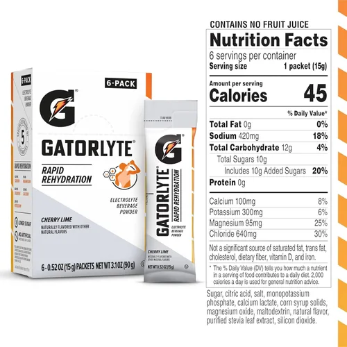 Vista 2 de Gatorlyte Polvo Cereza Lima, rinde porción de 16.9 oz, peso neto 3.1 oz (Paquete de 6)