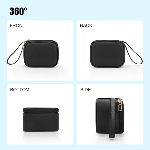 Vista 7 de Relavel Mini bolsa de maquillaje con espejo LED, pequeña bolsa de cosméticos con 3 modos de luz, bolsa de maquillaje portátil recargable con correa