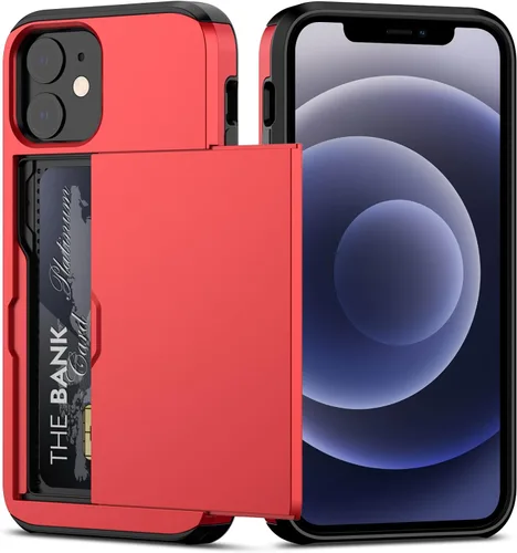 Vista 10 de Nvollnoe Funda para iPhone 12 Mini con tarjetero resistente de protección de doble capa a prueba de golpes con ranura para tarjeta oculta delgada