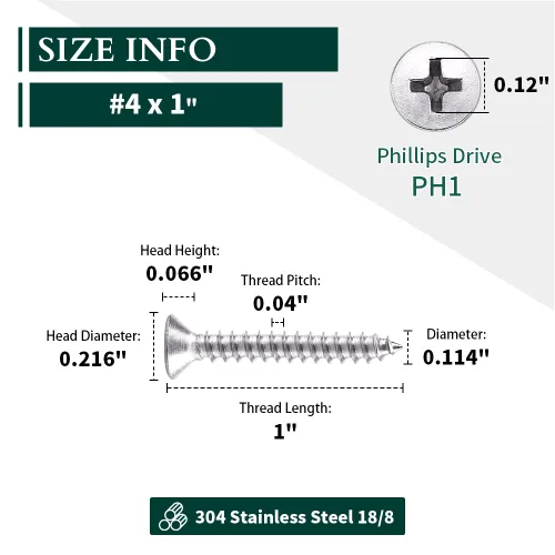 Vista 2 de Tornillos de chapa de cabeza plana #4 x 1 (100 unidades), acero inoxidable 304 (18-8), Phillips Drive, tornillos autoroscantes, resistentes a
