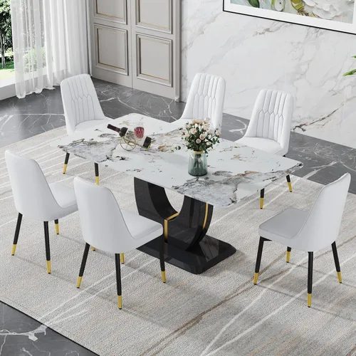 Vista 14 de JUFU Juego de mesa de comedor moderno para 4, juego de mesa de cocina rectangular de 63 pulgadas con mesa de mármol sintético y 4 sillas tapizadas