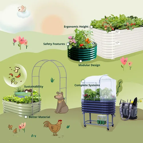 Vista 5 de Vego garden Jardinera elevada en cascada de metal galvanizado para verduras, hierbas y flores, verde británico