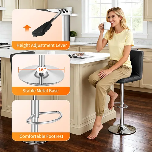 Vista 5 de BestOffice Juego de 2 taburetes de bar giratorios de piel sintética, sillas de bar de altura para mostrador de cocina, con hidráulico ajustable