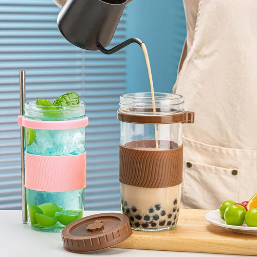Vista 3 de Paquete de 2 tazas de té de burbujas, tazas de café helado de 24 onzas, tarro Mason con pajitas y 2 tapas herméticas, taza reutilizable de boca