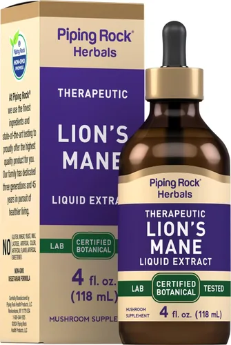 Piping Rock Tintura de melena de leones | 4 onzas líquidas | Gotas líquidas de extracto de hongos | Suplemento sin alcohol | Vegetariano, sin OMG,