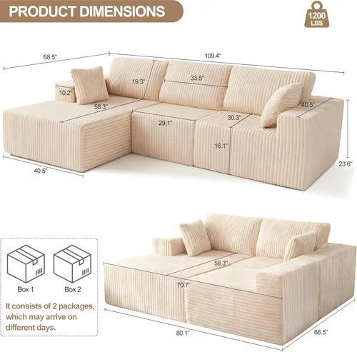 Vista 2 de Modular Sectional Sofa with Chaise, L-Shape Cloud Couch Deep Seat Upholstered Couches, Modern Modular Sectional Sofa for Living Room Beige - 3 Seat