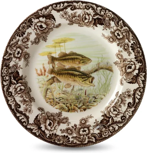 Spode Woodland Bass Plato de Ensalada - 8" Loza Fina, Hecho en Inglaterra, Diseño de Pez de Caza con Borde de Flores Británicas para Ensaladas,
