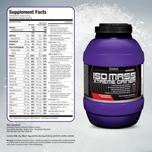 Vista 8 de Ultimate Nutrition ISO Mass Xtreme Gainer, polvo de proteína para ganar peso con creatina, 2.16 onzas de proteína, proteína aislada de suero