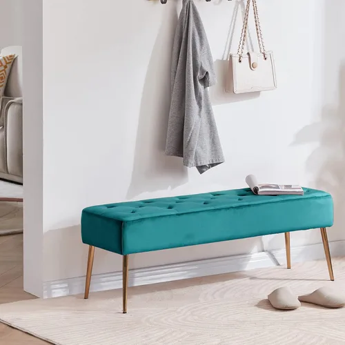 Vista 100 de DUHOME Banco otomano moderno de terciopelo, tapizado con botones, banco de pie de cama con base dorada para entrada, sala de estar, comedor