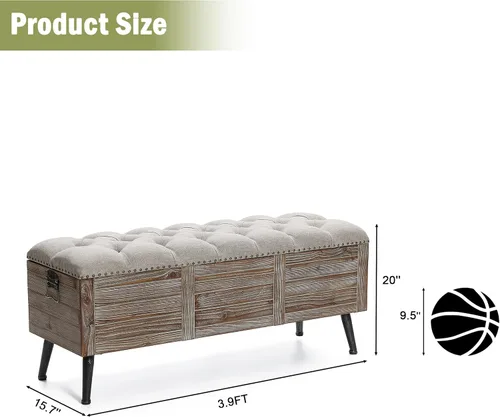 Vista 4 de LuxenHome - Banco de almacenamiento para el extremo de la cama, banco largo tapizado de madera de 47 pulgadas con almacenamiento, reposapiés beige