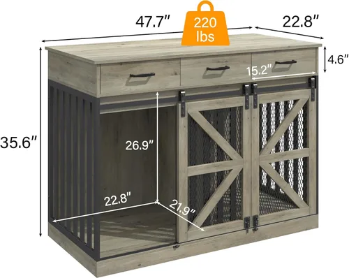 Vista 2 de kepptory Caja grande para perros de 48 pulgadas con muebles de 3 cajones de almacenamiento, perrera de madera con divisor extraíble, mesa auxiliar