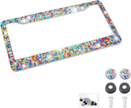 Vista 8 de Marco de matrícula de automóvil con diamantes de imitación brillantes, cubierta / soporte de placa de matrícula de acero inoxidable, universal