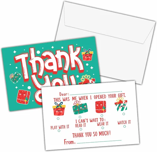 Tarjetas de agradecimiento de Navidad para niños, tarjeta de agradecimiento en blanco, lindas notas de agradecimiento para niños y niñas,