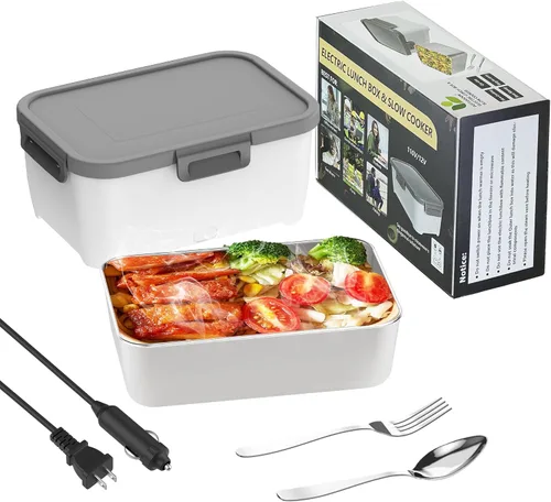 ROTTOTOON - Calentador eléctrico de alimentos, 2 en 1, 12 V/110 V (gran capacidad) para automóvil, camión, hogar, oficina, con tenedor y cuchara