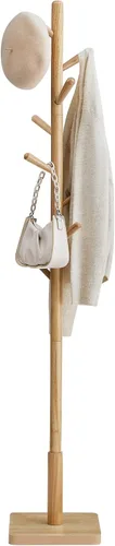 Vista 13 de VASAGLE Perchero de madera maciza, perchero independiente con 7 ganchos, 3 opciones de altura, para abrigos, sombreros, bolsos, bolsos, para Nogal