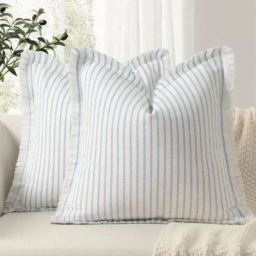 Vista 26 de Fundas de almohada ZWJD de 16 x 16 pulgadas, juego de 2 fundas de almohada a rayas con borlas, fundas de almohada de algodón chic, fundas de cojín