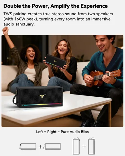 Vista 5 de Altavoz Bluetooth, altavoz retro StageSound inalámbrico, altavoz portátil con refuerzo de graves, 80 W, IP67 impermeable, luces LED, emparejamiento