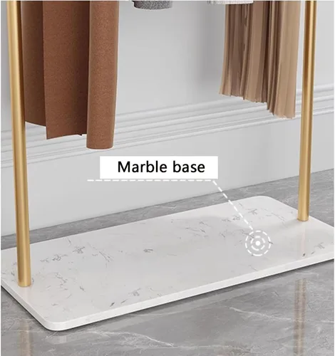 Vista 6 de SKVLF Perchero moderno con estantes y ganchos, marco de metal y base de mármol, perchero independiente para colgar ropa, ahorro de espacio