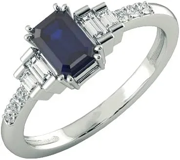 Anillo de boda con zafiro azul de 3,75 quilates y diamante natural de corte baguette para mujer, en oro blanco macizo de 14 quilates, aniversario y