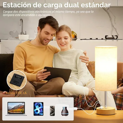 Vista 4 de Dicoool Lámpara táctil de mesita de noche con USB, lámpara de madera regulable de 3 vías para mesita de noche de dormitorio, lámpara de escritorio