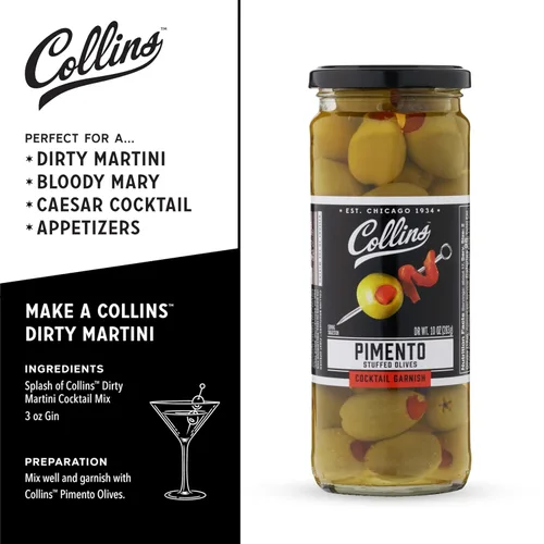 Vista 3 de Collins Colossal Martini - Aceitunas de pimiento Guarnición prémium para cócteles, martinis y ensaladas, bandejas de aperitivos, embutidos, platos