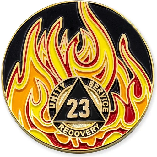 Vista 47 de Medallón de recuperación AA chapado en oro de 1 año Twisted Flames - Negro/Rojo/Naranja/Amarillo