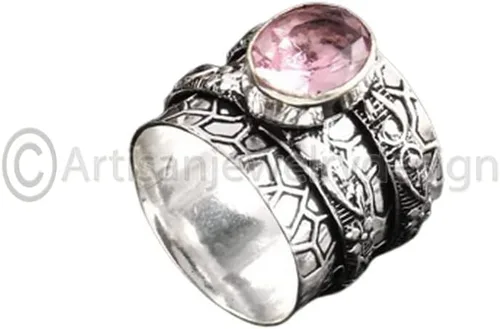 Vista 2 de Handmade Rose Quartz Spinner Ring, 925 Sterling Silver Fidget Band, Natural Gemstone Statement Ring, Antique Boho Jewelry, Promise Gift for Her