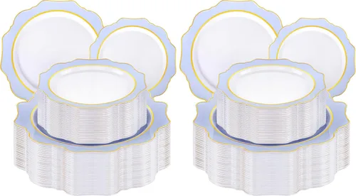 Vista 18 de WDF 100 piezas de platos de plástico azul - Platos desechables azul claro - Platos de plástico con borde festoneado resistente