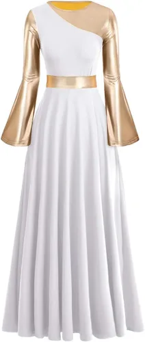 IBAKOM Vestido largo de alabanza litúrgica para mujer, color dorado metálico, ajuste holgado, longitud completa, ropa de baile de iglesia
