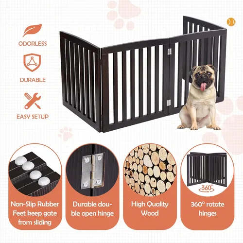Vista 3 de Puerta para perros para mascotas, para interiores, para escaleras, puertas, 82 x 24 pulgadas, 4 paneles, valla para perros, extra ancha, de madera