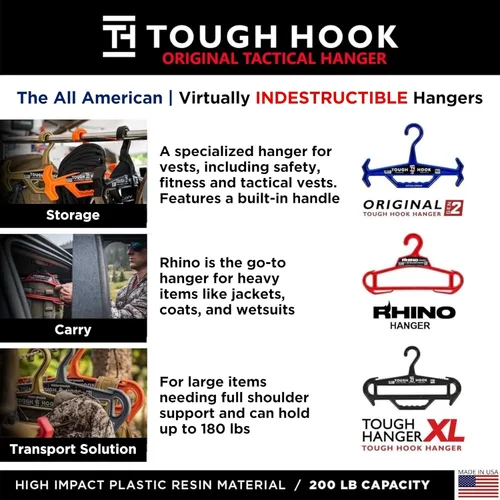 Vista 3 de Rhino Tough Hook - Perchas resistentes para ropa, fabricadas en Estados Unidos, de grado militar, para armadura corporal, capacidad de 200 libras