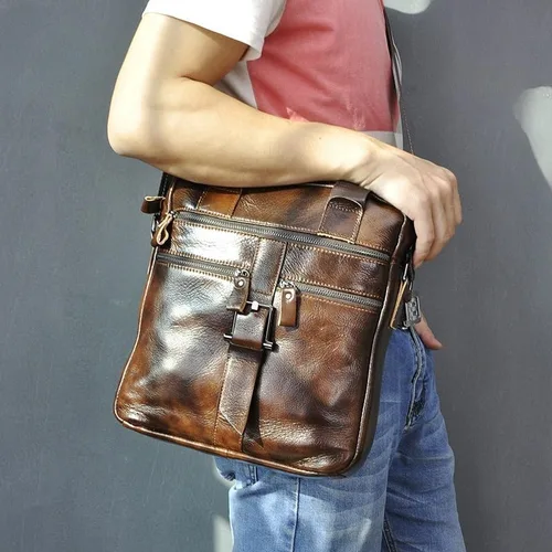 Vista 2 de Bolso de hombro de cuero genuino para hombres, bandolera ajustable con caja de regalo