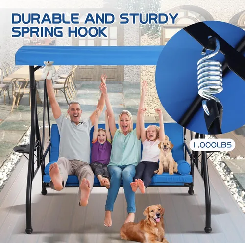 Vista 8 de Columpios de porche para exteriores de 3 asientos con toldo ajustable, banco de columpio para patio con soporte, cama columpio resistente