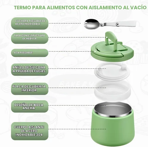 Vista 4 de Itslife Termo de sopa aislado al vacío de 13.5 onzas para alimentos calientes, recipiente de almuerzo para niños con tapa de hebilla a prueba