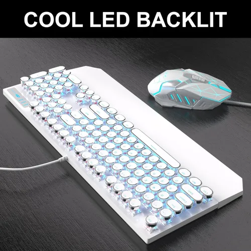Vista 3 de Combo de teclado y mouse retro de máquina de escribir, bonito teclado blanco con interruptores lineales rojos, teclado mecánico con cable