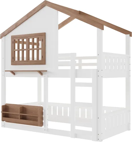 Vista 7 de Cama de casa de tamaño individual con elegantes ventanas y estantería, litera con diseño de castillo de madera con barandillas de seguridad