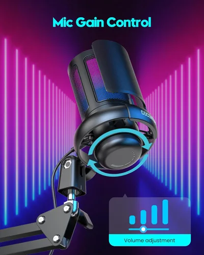 Vista 2 de Micrófono para juegos, micrófono USB para PC para podcasts, transmisión, micrófono de condensador con silencio rápido, soporte para trípode, filtro